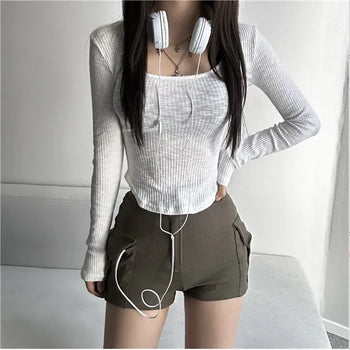 Daily Long Sleeve Ribbed Rolled Tee Basic U-Neck