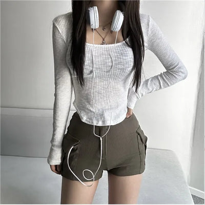 Daily Long Sleeve Ribbed Rolled Tee Basic U-Neck