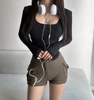Daily Long Sleeve Ribbed Rolled Tee Basic U-Neck