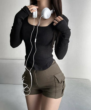 Daily Long Sleeve Ribbed Rolled Tee Basic U-Neck