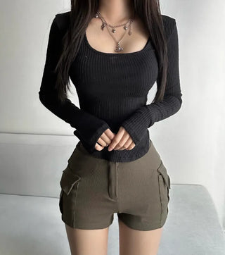 Daily Long Sleeve Ribbed Rolled Tee Basic U-Neck