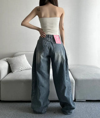 Dark Blue Denim Side Pintuck Snap Wide Pants