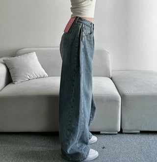 Dark Blue Denim Side Pintuck Snap Wide Pants