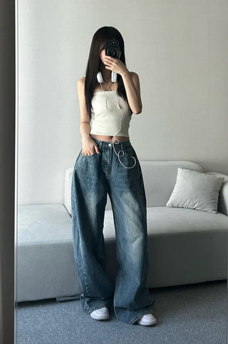Dark Blue Denim Side Pintuck Snap Wide Pants