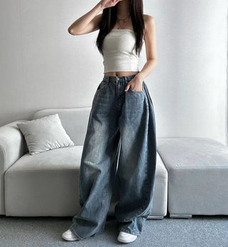 Dark Blue Denim Side Pintuck Snap Wide Pants