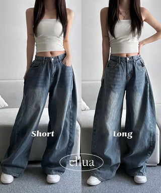 Dark Blue Denim Side Pintuck Snap Wide Pants