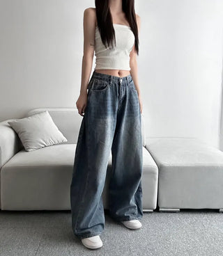 Dark Blue Denim Side Pintuck Snap Wide Pants
