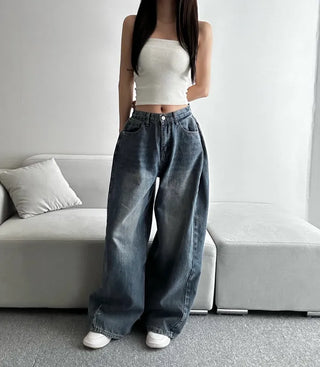 Dark Blue Denim Side Pintuck Snap Wide Pants
