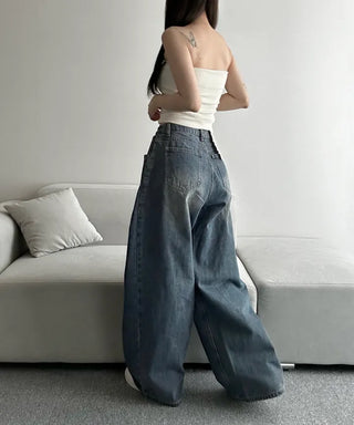 Dark Blue Denim Side Pintuck Snap Wide Pants