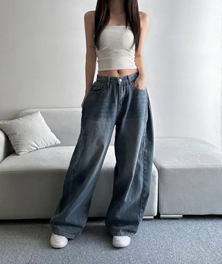 Dark Blue Denim Side Pintuck Snap Wide Pants