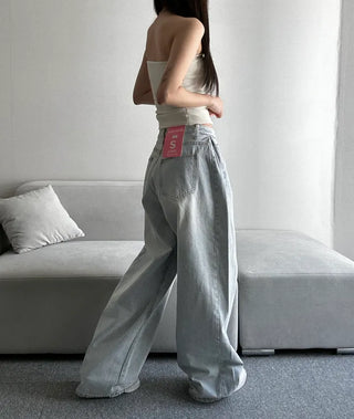Light Wash Denim Side Pintuck Snap Wide Pants