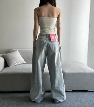Light Wash Denim Side Pintuck Snap Wide Pants