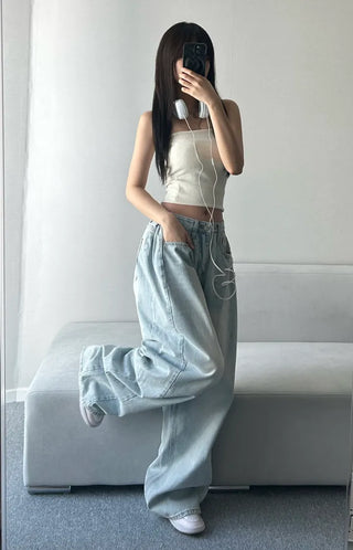 Light Wash Denim Side Pintuck Snap Wide Pants