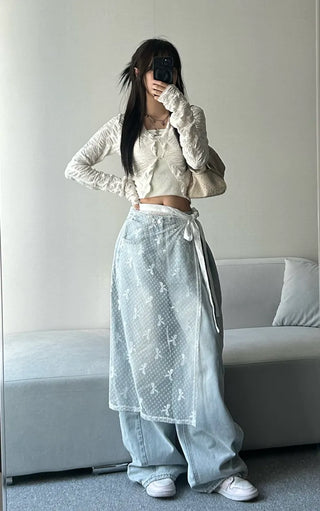Light Wash Denim Side Pintuck Snap Wide Pants