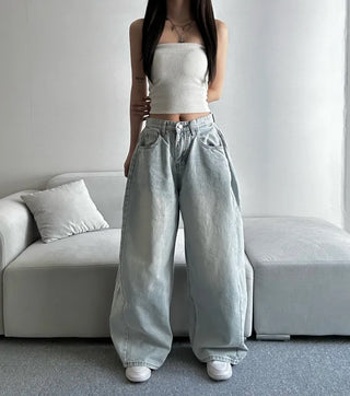 Light Wash Denim Side Pintuck Snap Wide Pants