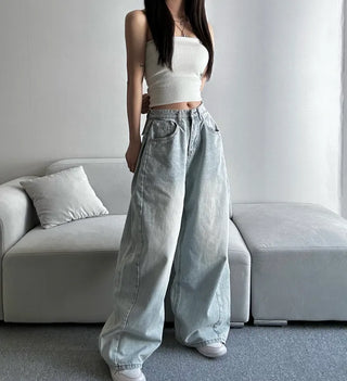 Light Wash Denim Side Pintuck Snap Wide Pants