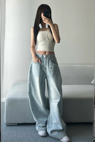 Light Wash Denim Side Pintuck Snap Wide Pants