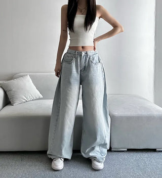 Light Wash Denim Side Pintuck Snap Wide Pants