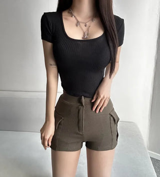 Round U-neck Rounded Hem Ribbed Tee Short Sleeve