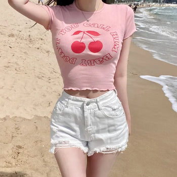 High Teen Cherry Ribbed Crop Printed Lettering Short
