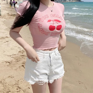 High Teen Cherry Ribbed Crop Printed Lettering Short