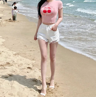 High Teen Cherry Ribbed Crop Printed Lettering Short