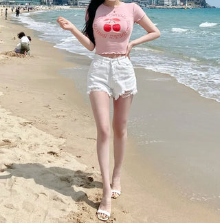 High Teen Cherry Ribbed Crop Printed Lettering Short