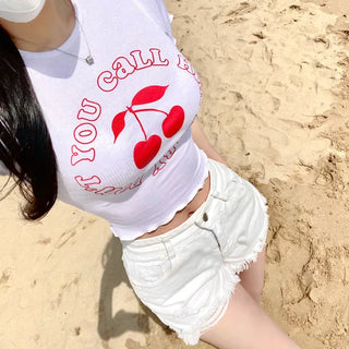 High Teen Cherry Ribbed Crop Printed Lettering Short
