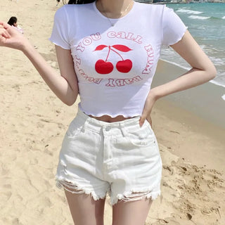 High Teen Cherry Ribbed Crop Printed Lettering Short