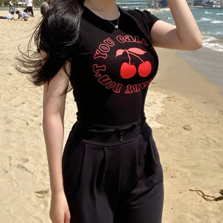 High Teen Cherry Ribbed Crop Printed Lettering Short