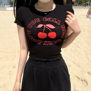 High Teen Cherry Ribbed Crop Printed Lettering Short