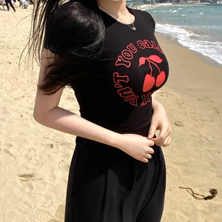 High Teen Cherry Ribbed Crop Printed Lettering Short