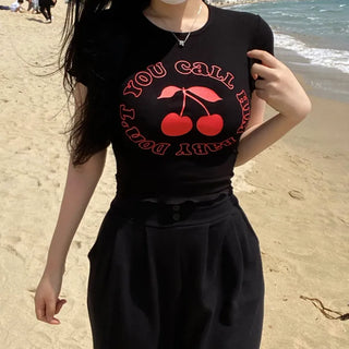 High Teen Cherry Ribbed Crop Printed Lettering Short