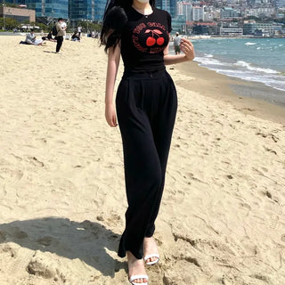 High Teen Cherry Ribbed Crop Printed Lettering Short
