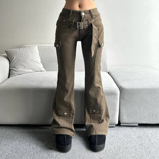 Belt Pocket Khaki Bootcut Pants Cargo Trousers Size