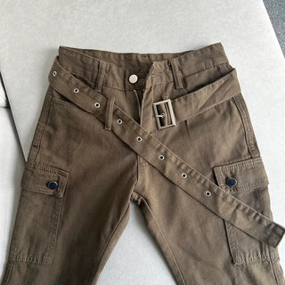Belt Pocket Khaki Bootcut Pants Cargo Trousers Size