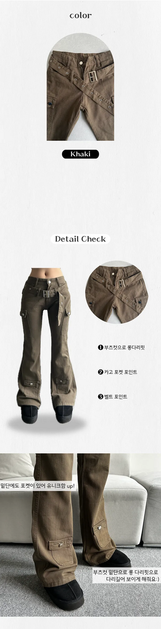 Belt Pocket Khaki Bootcut Pants Cargo Trousers Size