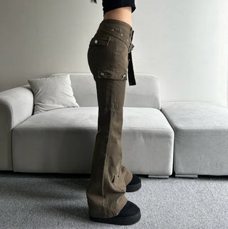 Belt Pocket Khaki Bootcut Pants Cargo Trousers Size
