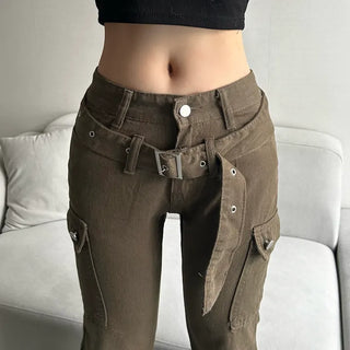 Belt Pocket Khaki Bootcut Pants Cargo Trousers Size