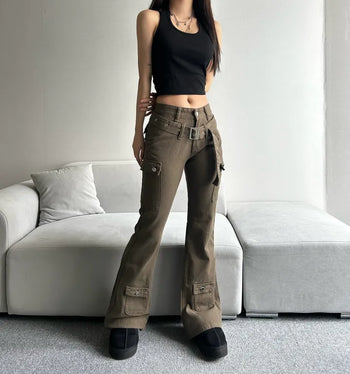 Belt Pocket Khaki Bootcut Pants Cargo Trousers Size