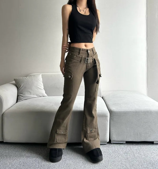 Belt Pocket Khaki Bootcut Pants Cargo Trousers Size