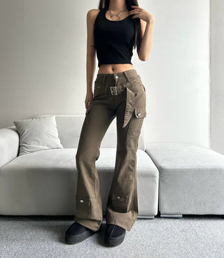 Belt Pocket Khaki Bootcut Pants Cargo Trousers Size