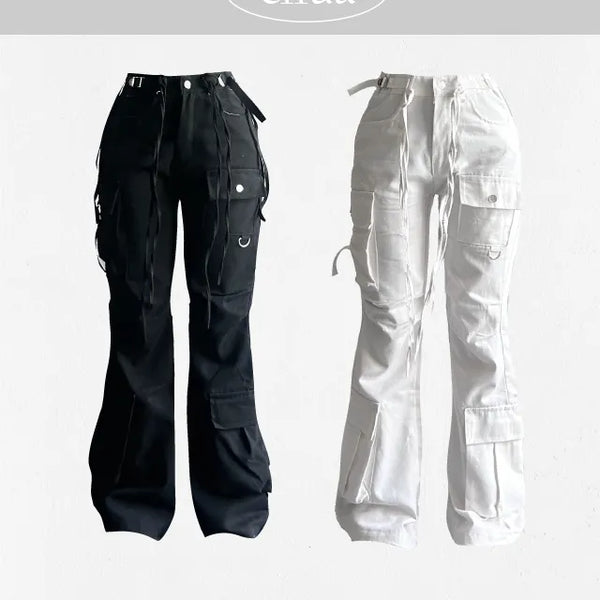 Asymmetrical Pocket Bootcut Cargo Pants Strap String Trousers