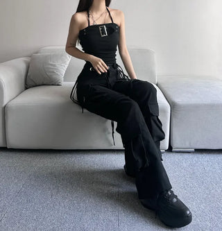 Asymmetrical Pocket Bootcut Cargo Pants Strap String Trousers