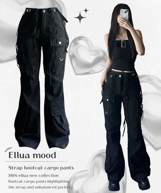 Asymmetrical Pocket Bootcut Cargo Pants Strap String Trousers