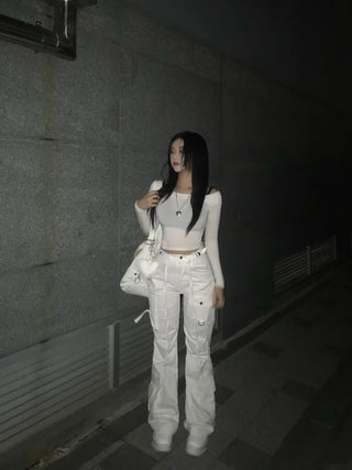 Asymmetrical Pocket Bootcut Cargo Pants Strap String Trousers