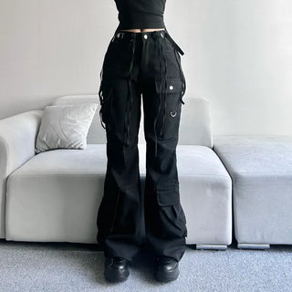 Asymmetrical Pocket Bootcut Cargo Pants Strap String Trousers
