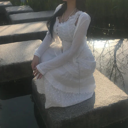 Picnic Frill Off-Shoulder Sleeveless Button-off Blouse Long Skirt