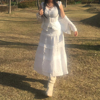 Picnic Frill Off-Shoulder Sleeveless Button-off Blouse Long Skirt