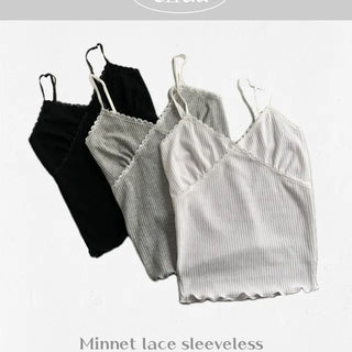 Lace Contrast Ribbed Sleeveless Strap Adjustable Layered Basic